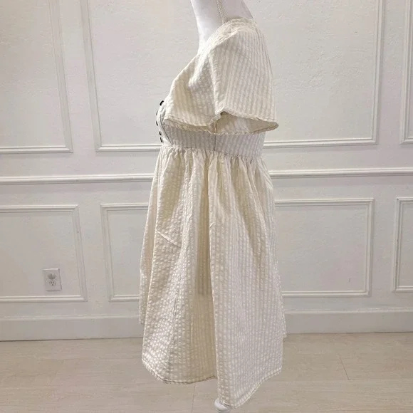 URBAN OUTFITTERS Cream Gingham Puff Sleeve Square Neck Mini‎ Dress S P - Picture 4 of 9